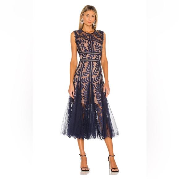 Bronx and Banco Dresses & Skirts - Bronx & Banco Blue Saba Leaf Appliqué Lace Midi Dress Size Small